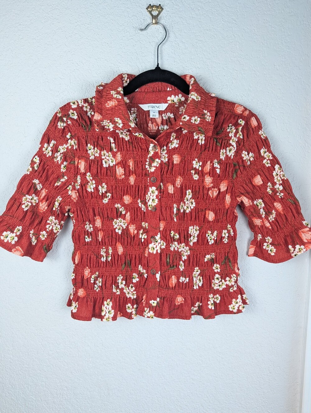 Anthropologie Maeve Smocked Button-Front Top XS Elbow Sleeves Red Like New